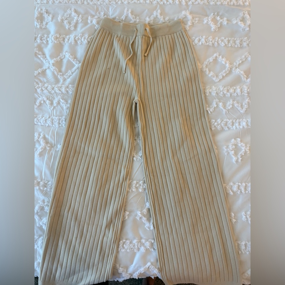 Cream Ribbed Wide-Leg Pants
